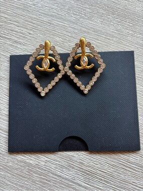 Authentic Chanel Gold Crystal Hoop Drop Earrings - Gold